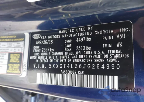 2018 Kia Optima Lx z USA, uszkodzony, nr VIN 5XXGT4L36JG264990